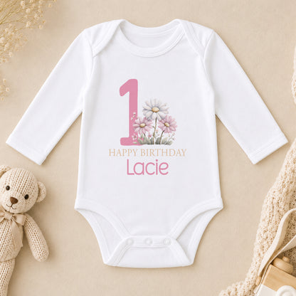 Personalised Pink Floral 1st Birthday long sleeve vest