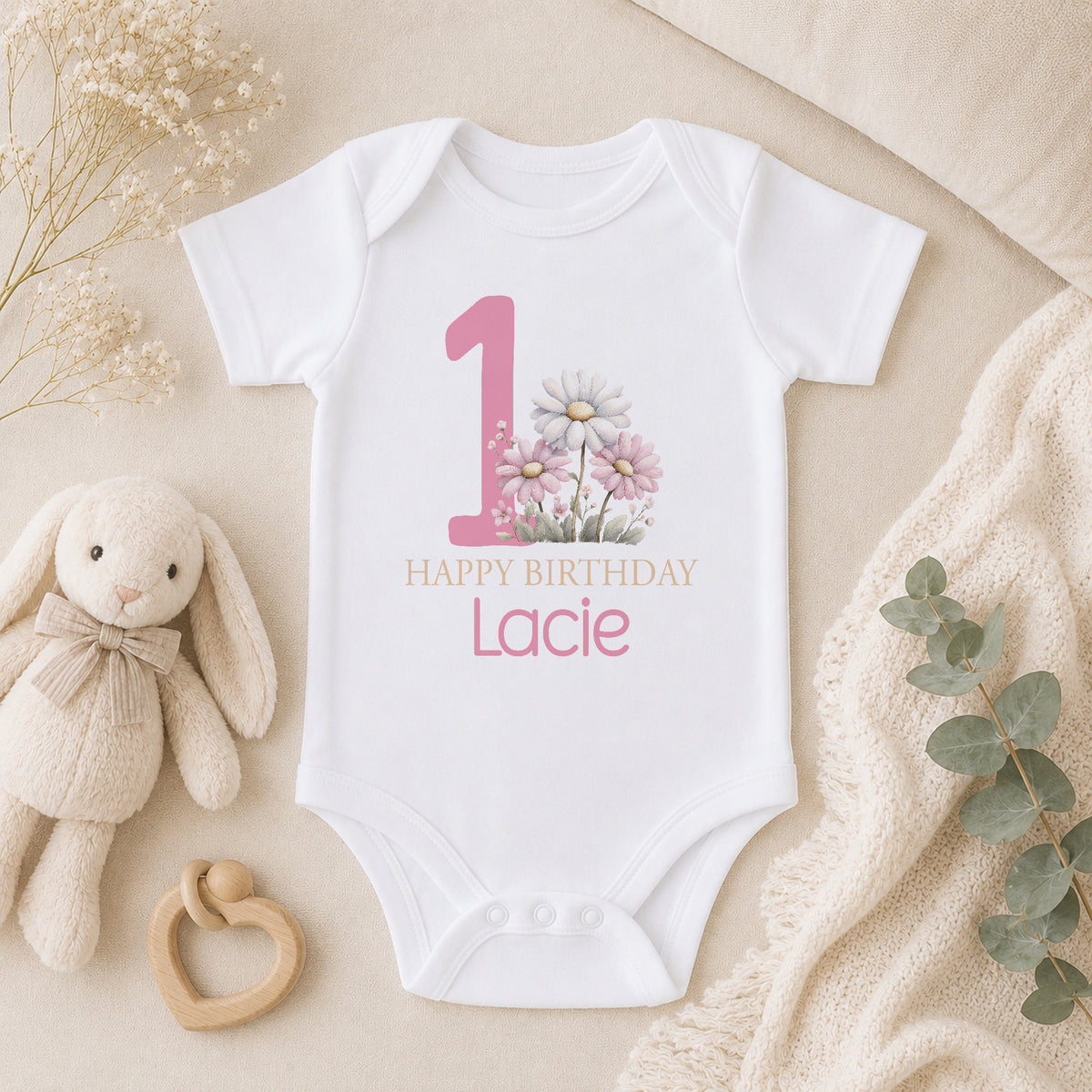 Personalised Pink Floral 1st Birthday baby vest