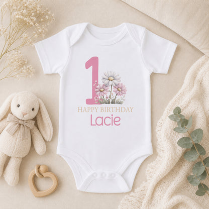 Personalised Pink Floral 1st Birthday baby vest