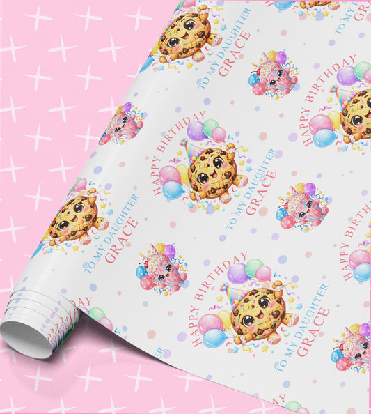 Personalised birthday wrapping paper with kawaii cookies and milkshakes with cute faces and pastel balloons, printed with Happy Birthday, To My Daughter and the name Grace on a pink sparkle background