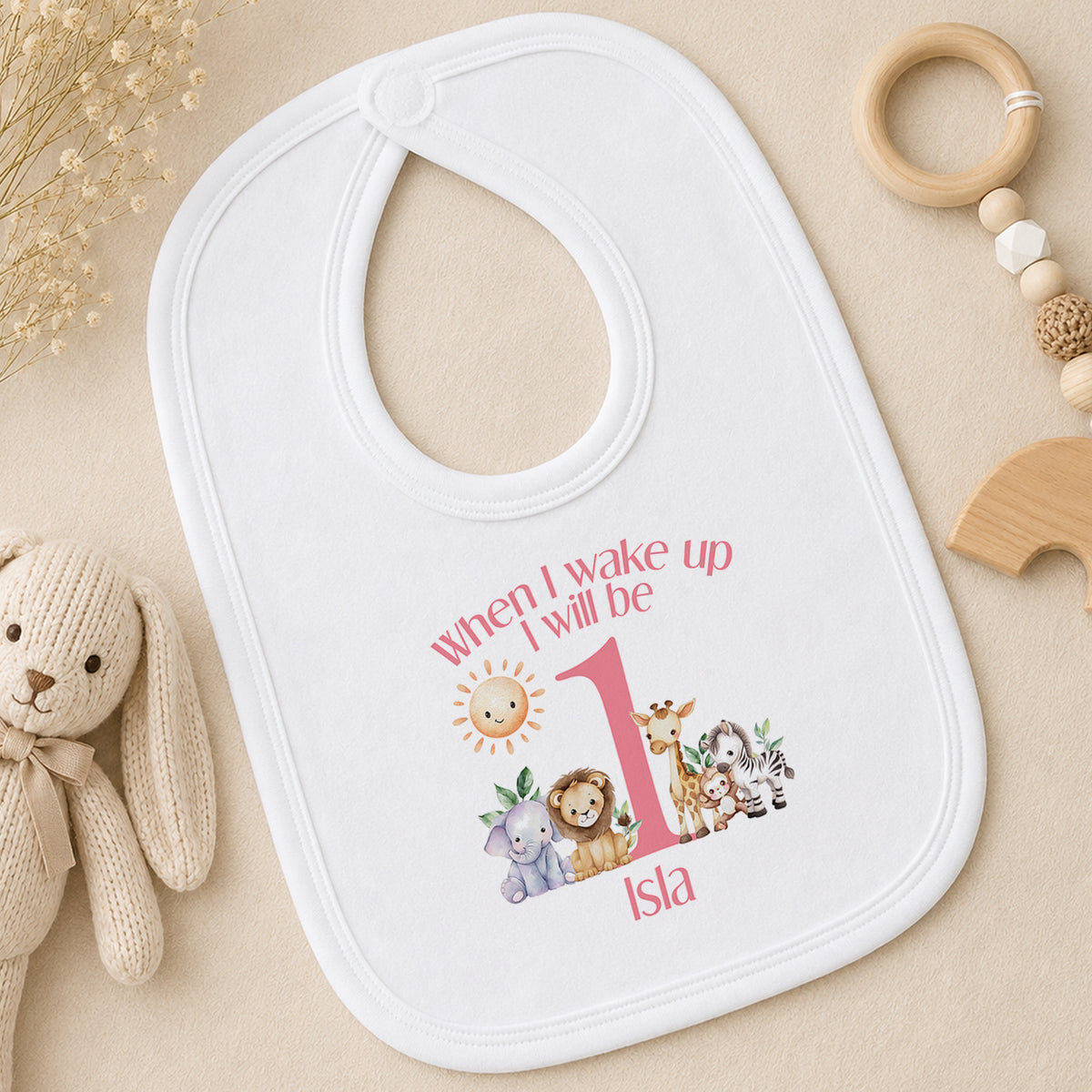 Personalised Pink Safari First Birthday bib