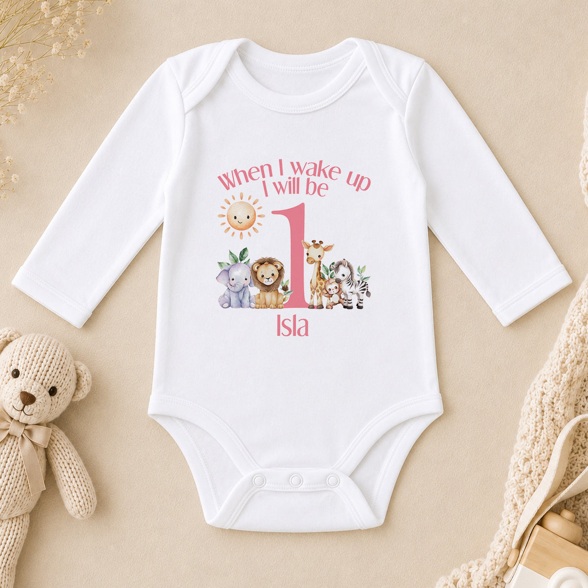 Personalised Pink Safari First Birthday long sleeve vest