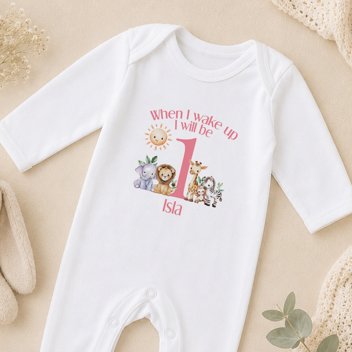 Personalised Pink Safari First Birthday sleepsuit
