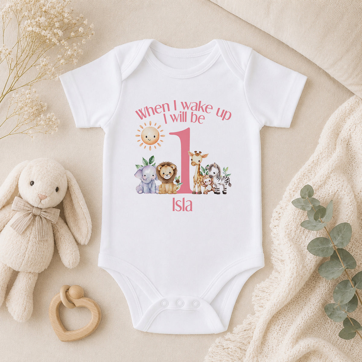 Personalised Pink Safari First Birthday baby vest