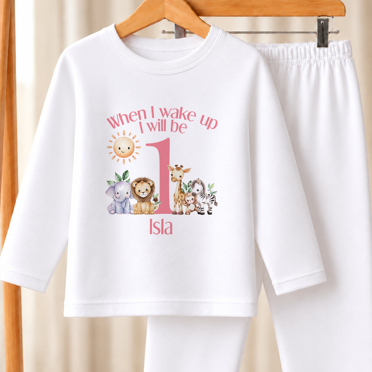 Personalised Pink Safari First Birthday white pyjamas