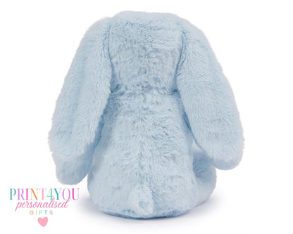 Personalised first birthday bunny soft toy, safari design, close up of print