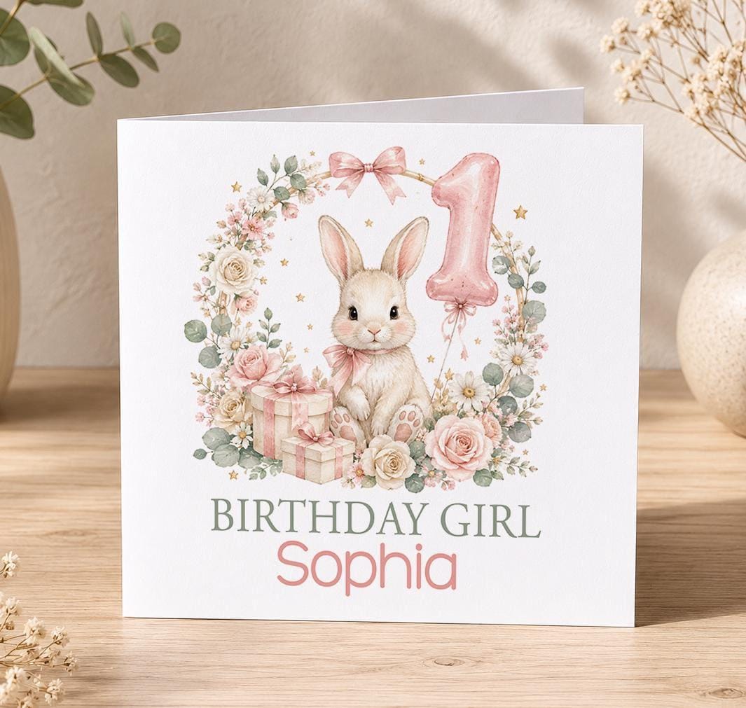 Personalised bunny 1st birthday card – bunny in a pink rose wreath with a number 1 balloon and Birthday Girl Sophia