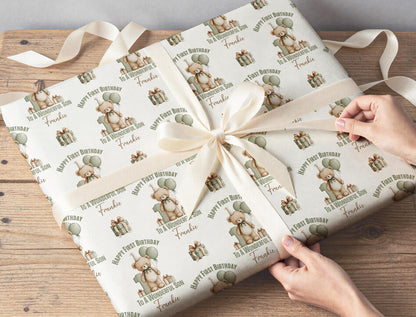 Section of the personalised teddy bear wrapping paper showing the teddy print and personalisation