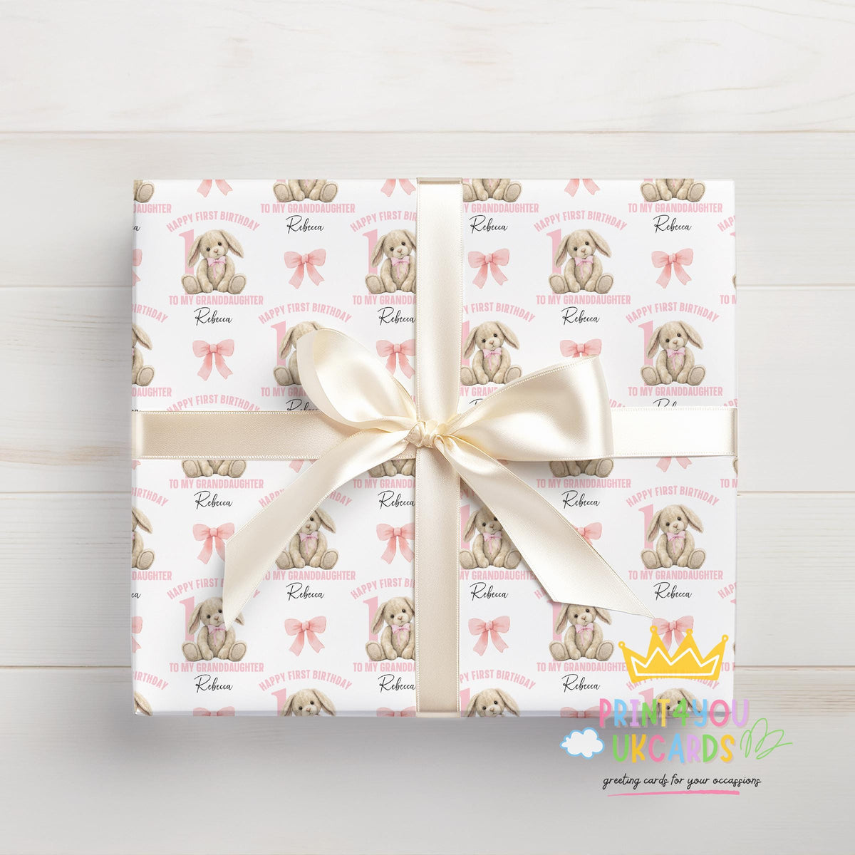 Personalised pink rabbit 1st birthday wrapping paper rolled ready for gift wrapping