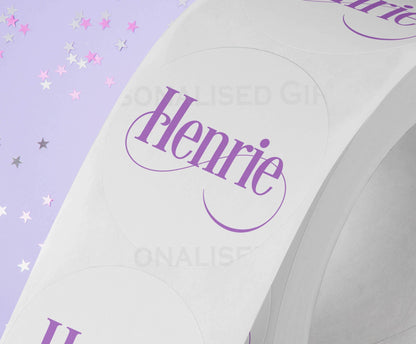 Personalised colourful festive name sticker shown with a variety of name examples