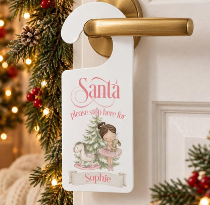 Personalised pink ballerina Santa please stop here door hanger with Christmas tree, rocking horse and child’s name on a ribbon banner