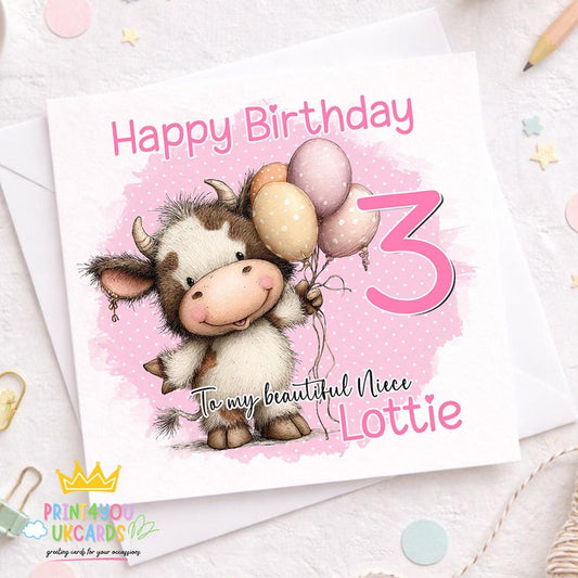 Square personalised girls birthday card with pink cow and farm theme design, name and age
