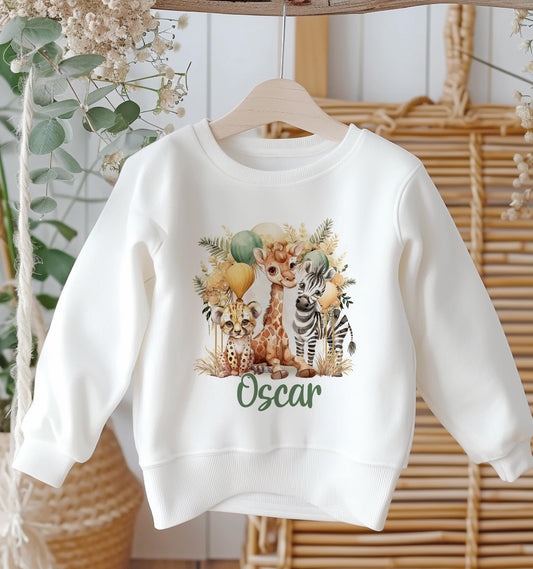 Personalised white cotton kids sweatshirt with boho safari design and custom name, size 6-12 months