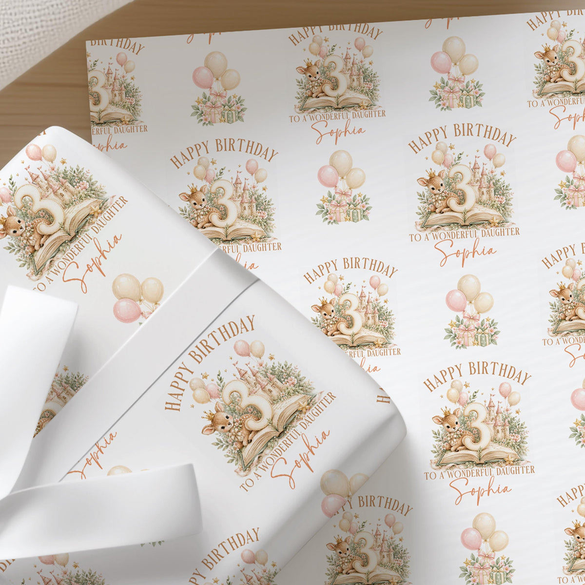 Fairytale Deer Wrapping Paper, Personalised Name, Girls Birthday