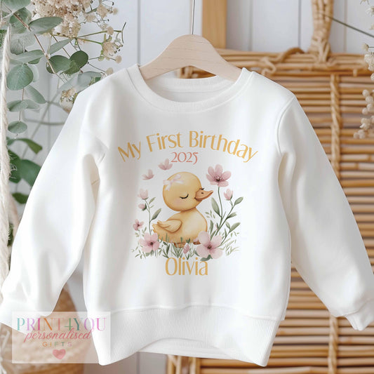 Personalised yellow duck first birthday sweatshirt, size 6-12 months
