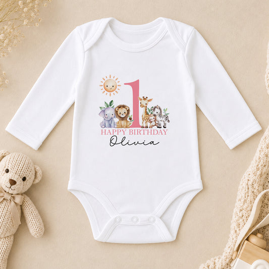 Personalised Safari Animals First Birthday long sleeve vest