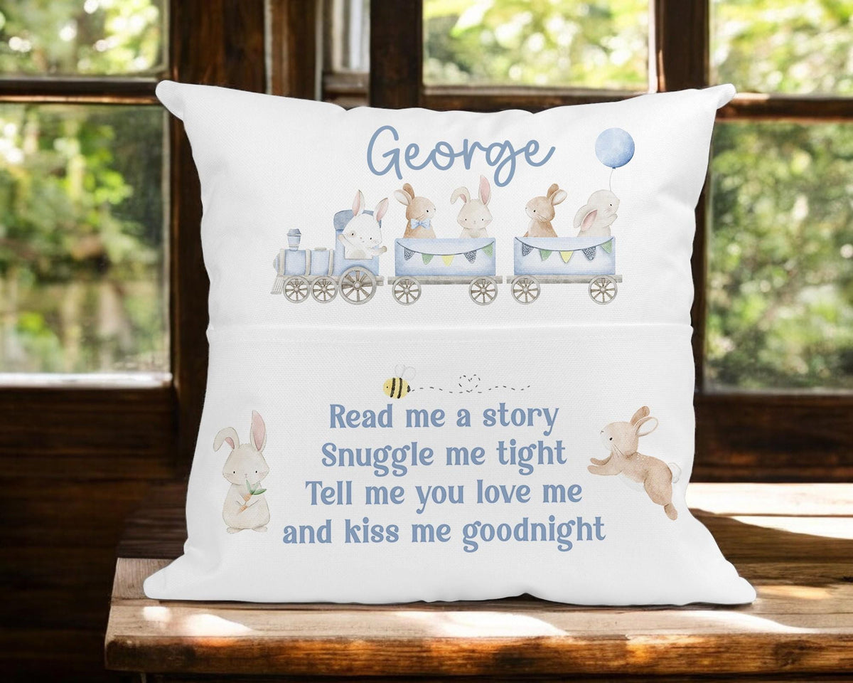 Personalised bunny book cushion detail showing soft brushed polyester fabric