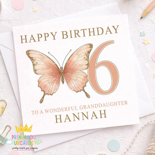 Square birthday card with a gold and blush butterfly design, personalised with a girl's name and age