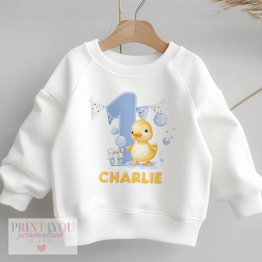 Personalised first birthday sweatshirt with vibrant colourful print and custom name, baby size 6-12 months
