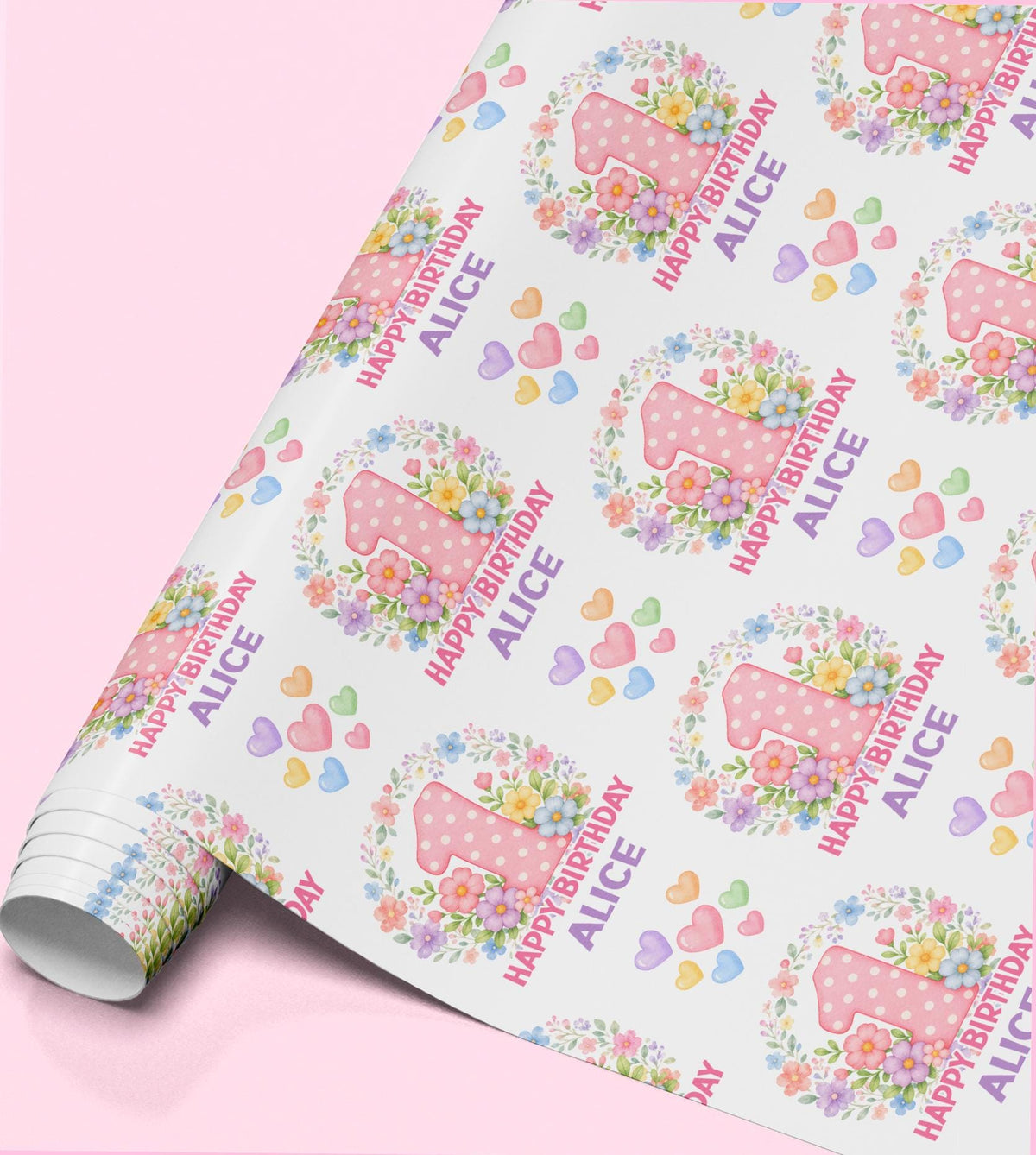 Personalised floral number birthday wrapping paper featuring a large pink floral age number, custom name, colourful flowers and pastel hearts.