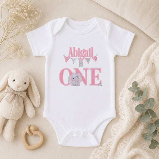 Personalised Pink Elephant Turning One Birthday baby vest