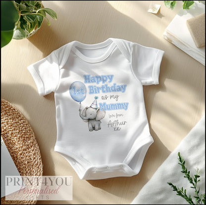 Close-up of the Cute Elephant birthday print with a blue balloon and personalised name.