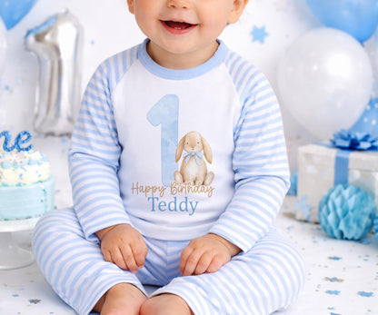 Personalised blue bunny 1st birthday pyjamas with custom name print