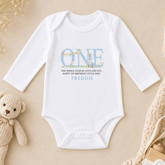 Personalised First Birthday Outfit - Blue Duckling Design long sleeve vest