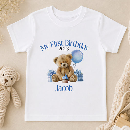 Personalised Blue Teddy Bear First Birthday Pyjamas t-shirt