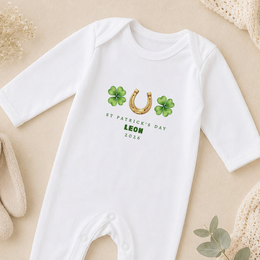 Personalised St Patricks Day Baby Outfit - Custom Name & Year sleepsuit