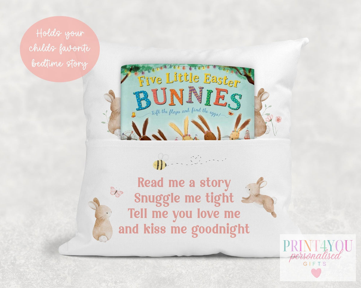 Personalised bunny book cushion, styled lifestyle photo