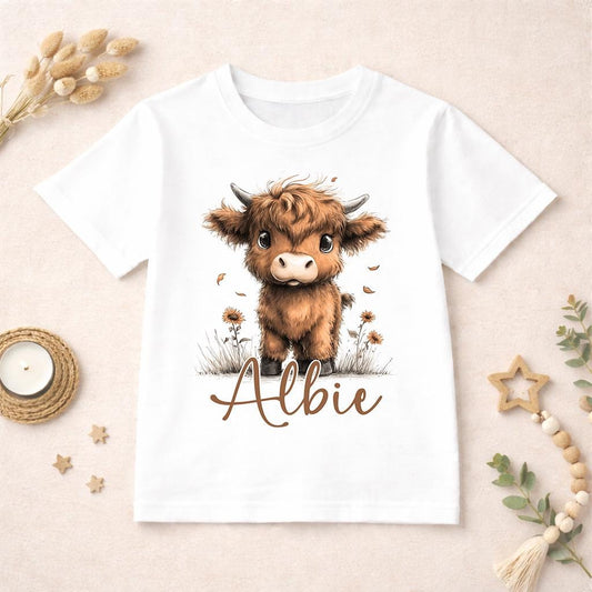 Personalised highland cow t-shirt with cute cow design and custom name