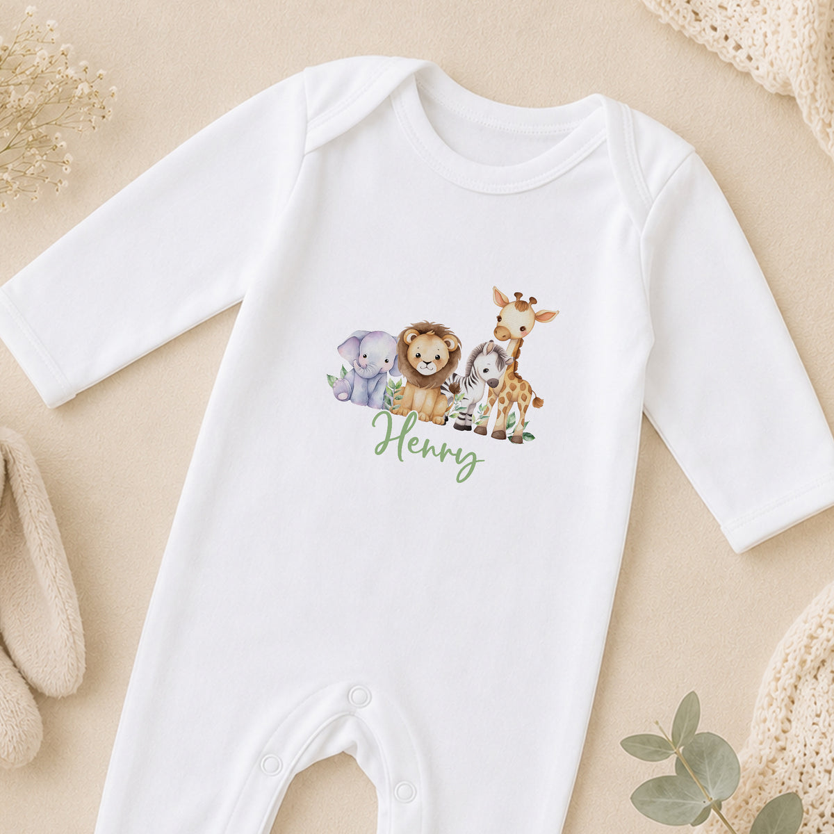 Personalised Safari Jungle New Baby Gift sleepsuit