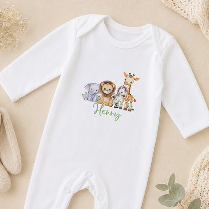 Personalised Safari Jungle New Baby Gift sleepsuit