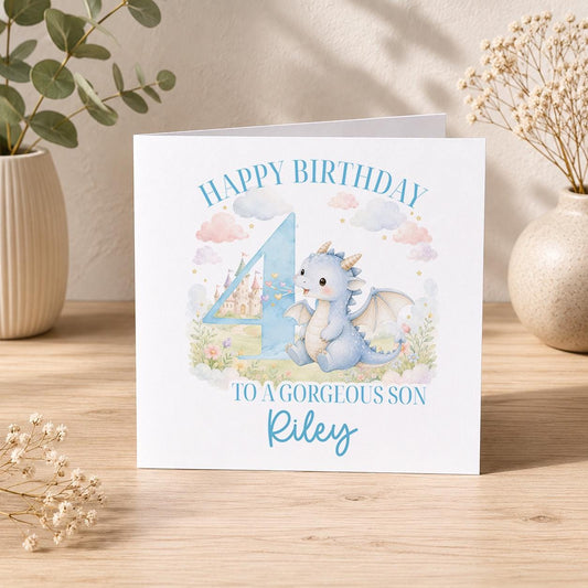 Personalised dragon birthday card with custom name and age for boys