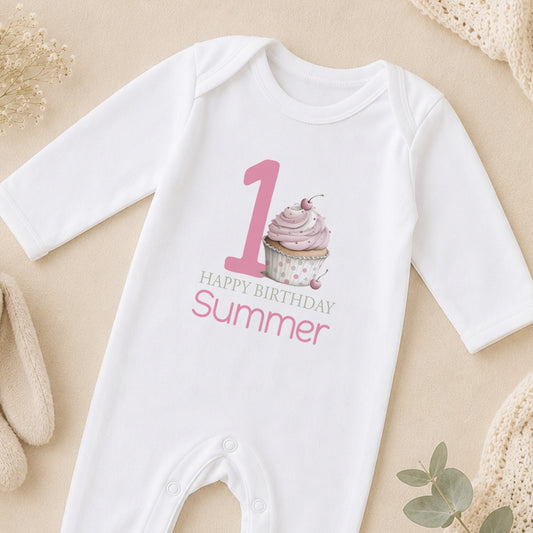Personalised Pink Daisy First Birthday sleepsuit