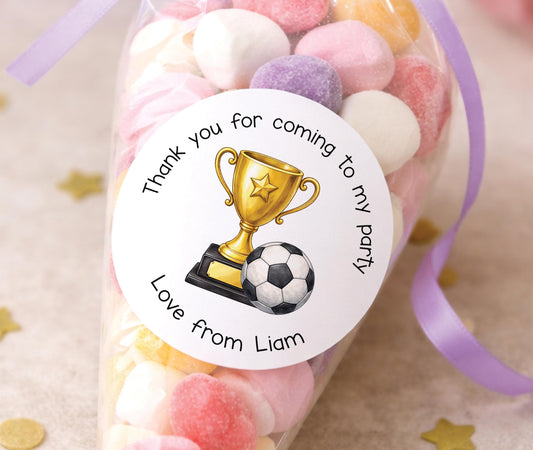 Sheet of personalised football-themed party stickers with a football design and custom name