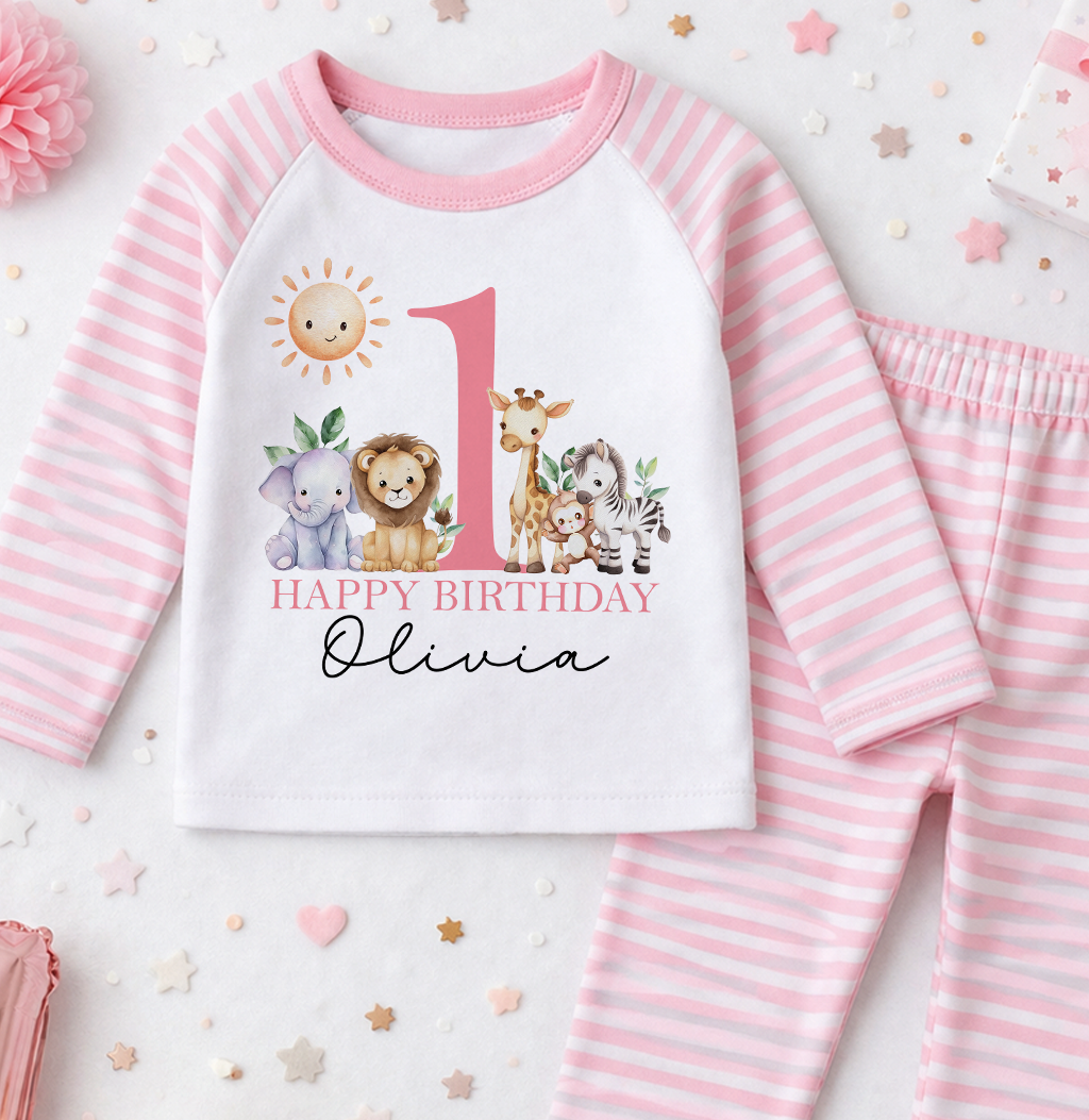 Personalised 1st birthday pyjamas, Sunshine Safari Animals design with name, pink and white striped