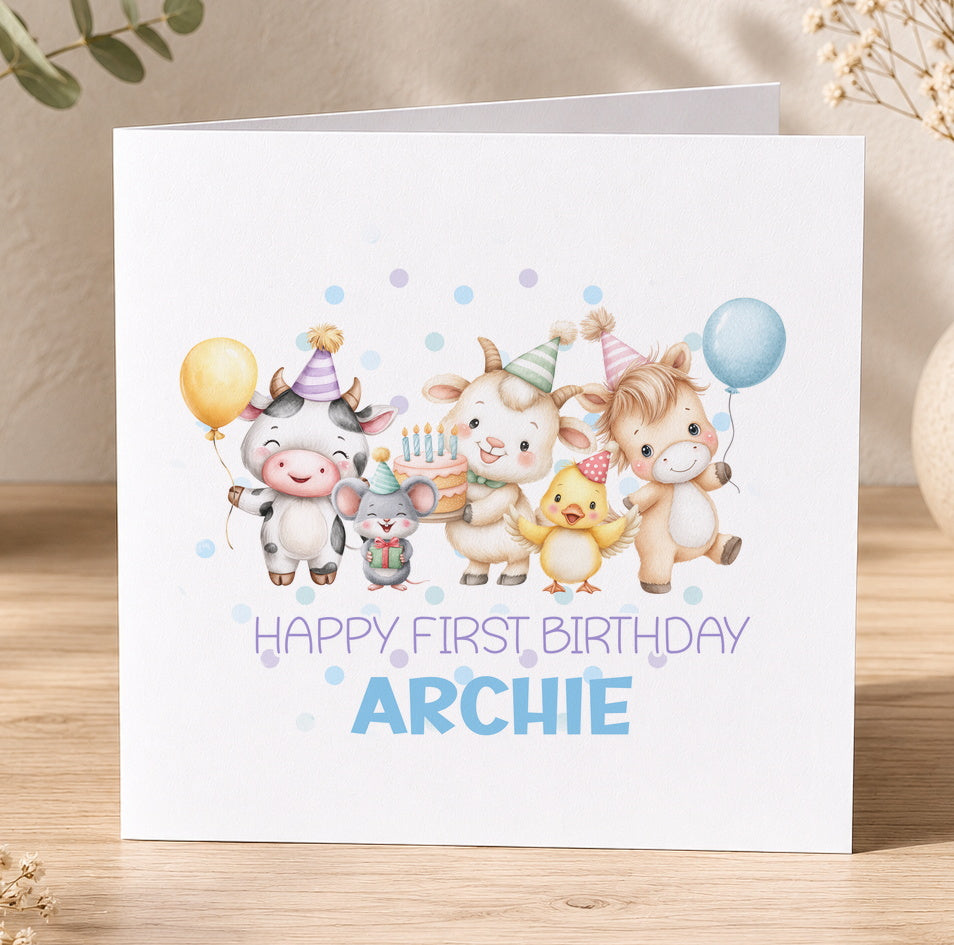 Square 1st birthday card featuring farmyard animals including a cow, pig, chicken and duck with balloons, personalised for a son's first birthday.