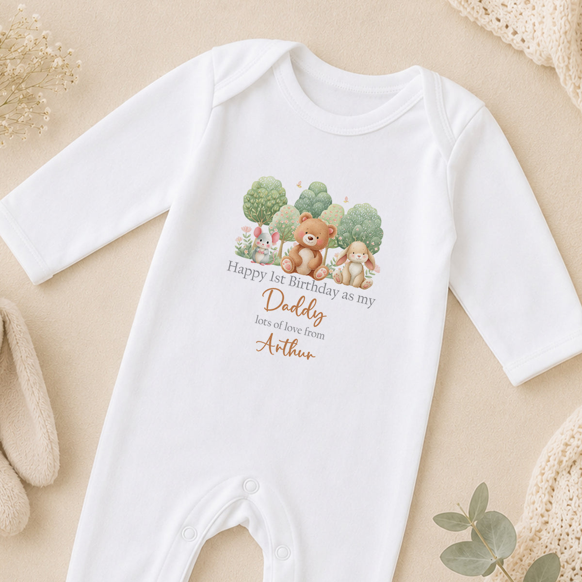 Personalised Woodland Deer First Birthday sleepsuit