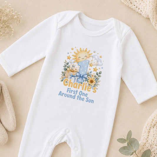 Personalised First Trip Around the Sun 1st Birthday sleepsuit
