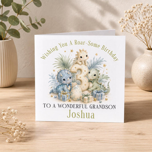 Personalised dinosaur birthday card – sage dinosaurs around a number 3, To a Wonderful Grandson Joshua