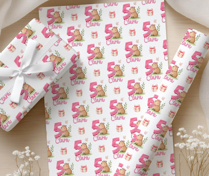 Capybara birthday wrapping paper pattern shown across a full sheet