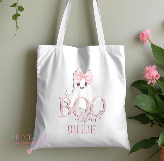 Personalised Ghost Tote – Custom Name Halloween Cotton Bag - Pink