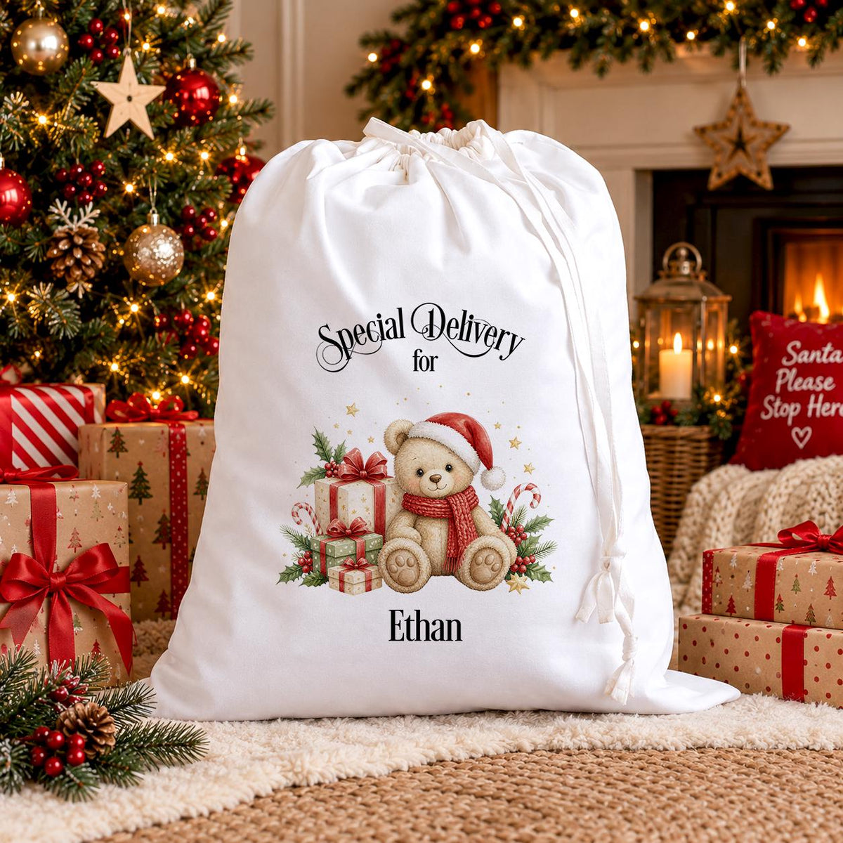 Personalised Santa Sack – Teddy Bear in Santa Hat Christmas Eve Gift Bag