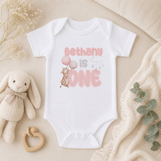 Personalised Pink Giraffe First Birthday baby vest