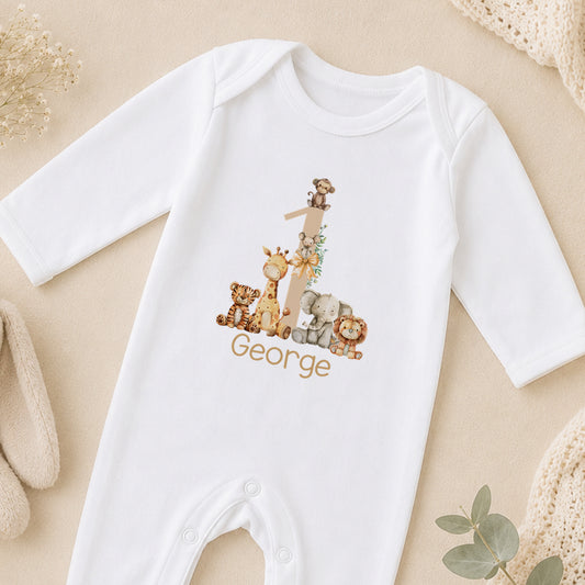 Personalised Safari Animals First Birthday sleepsuit