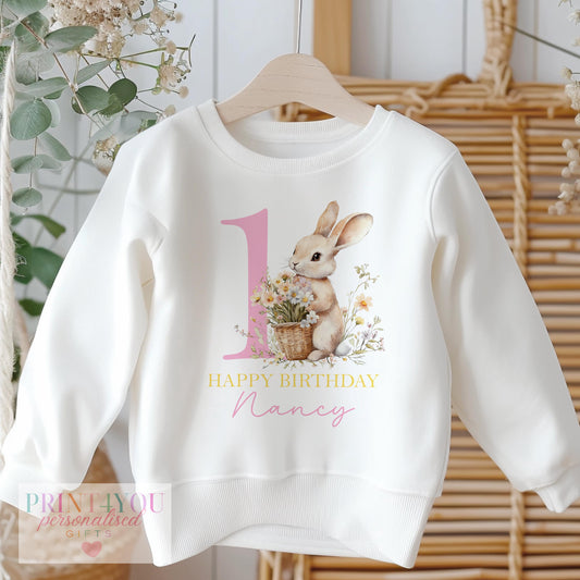 Personalised Floral Bunny I Am One first birthday sweatshirt for girls, size 6-12 months