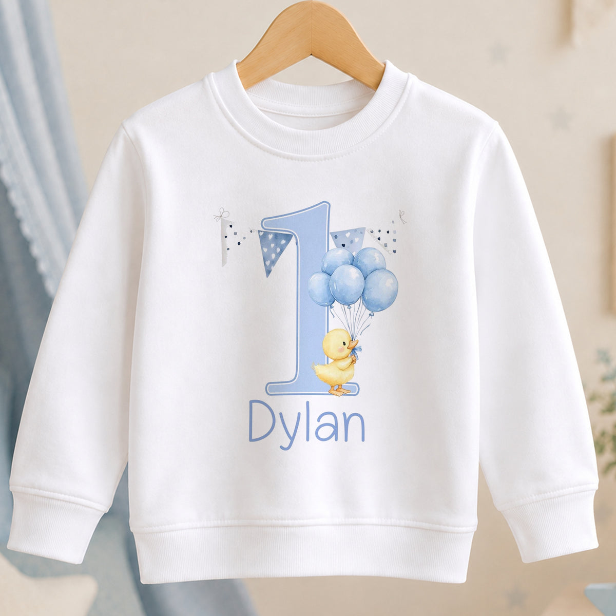 Personalised Blue Balloon Duck First Birthday jumper