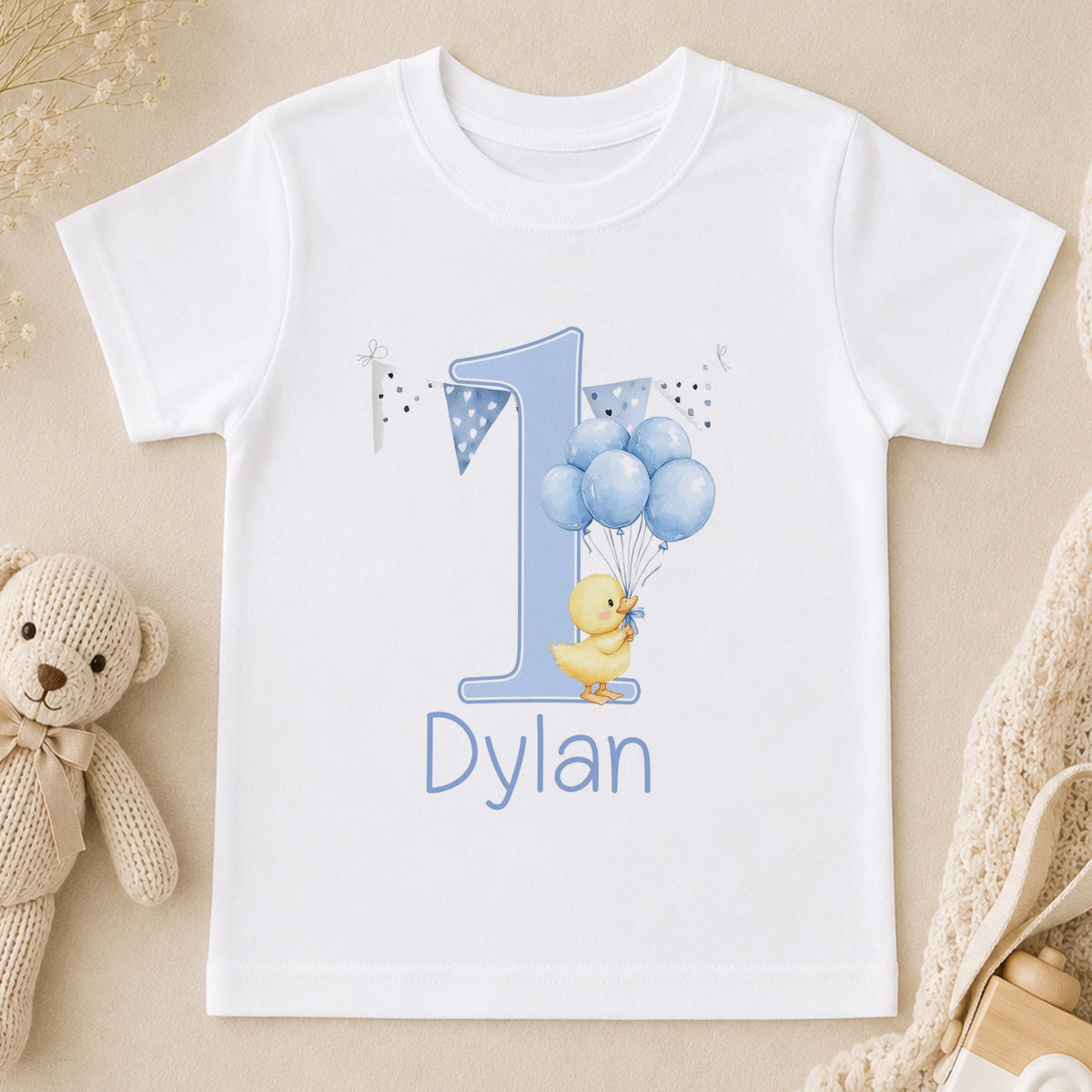 Personalised Blue Balloon Duck First Birthday t-shirt